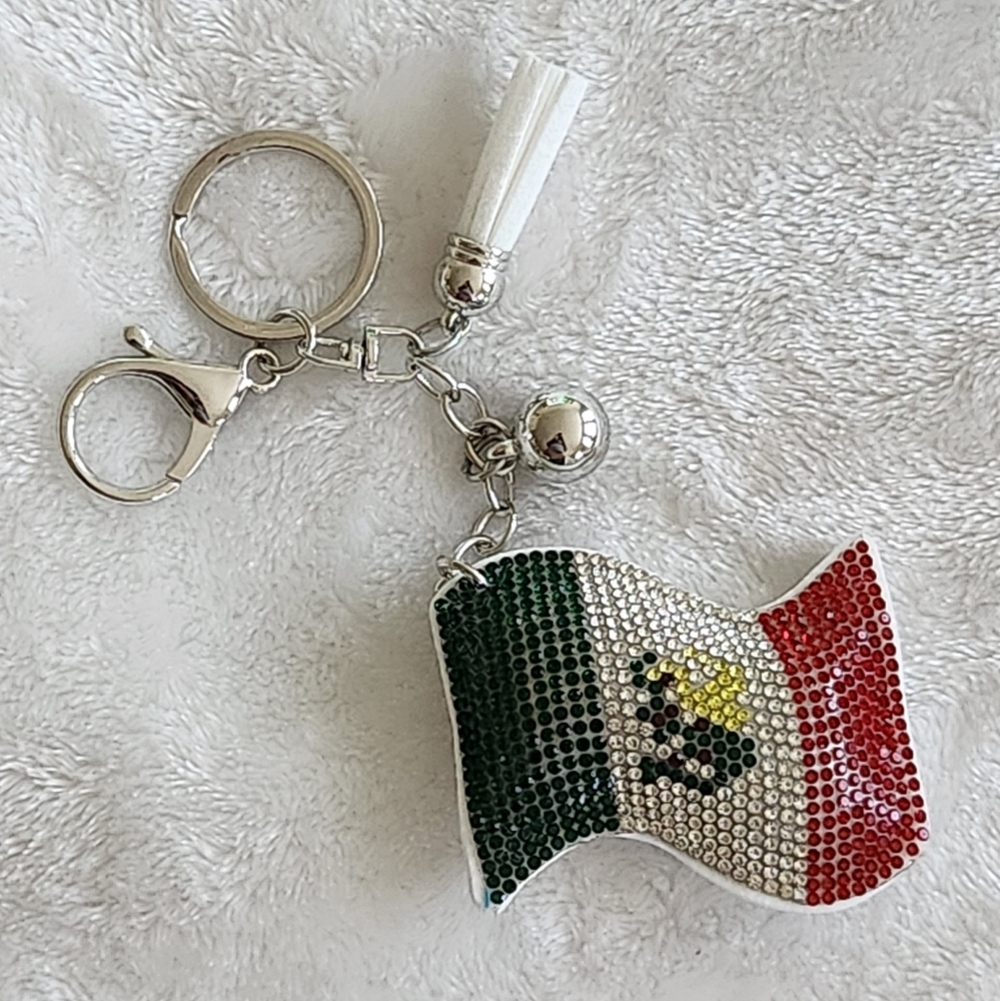 Mexican Rhinestone Flag Keychain with Tassel Bag Charm